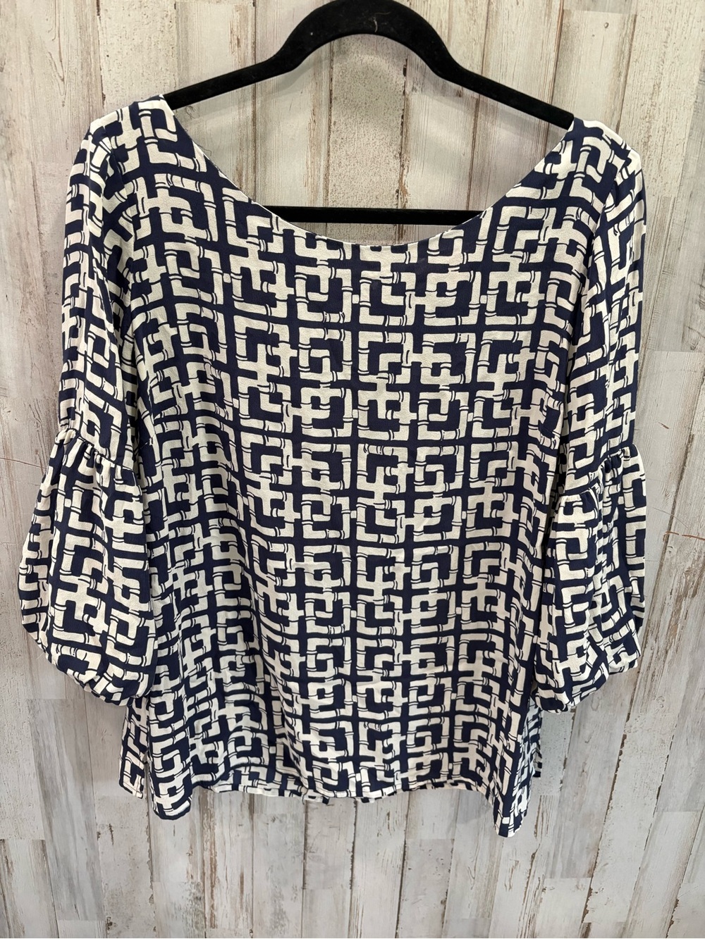 Lilly Pulitzer 100% Silk Geometric Print Square Neck Blouse Bell Sleeve Size 14